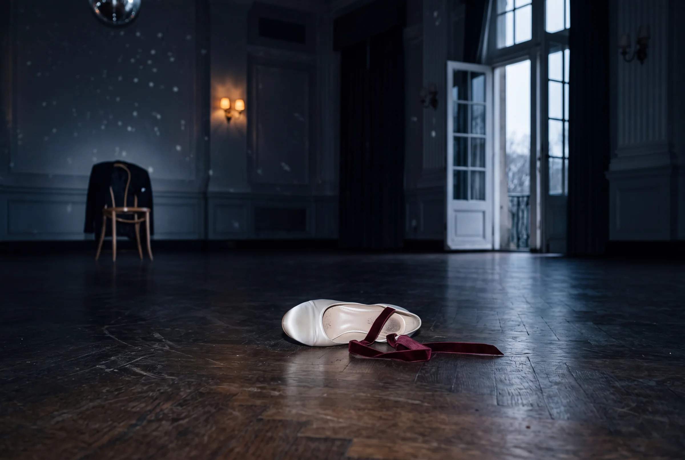 An ivory satin shoe and oxblood ribbon resting on an empty ballroom floor in the quiet morning after a wedding