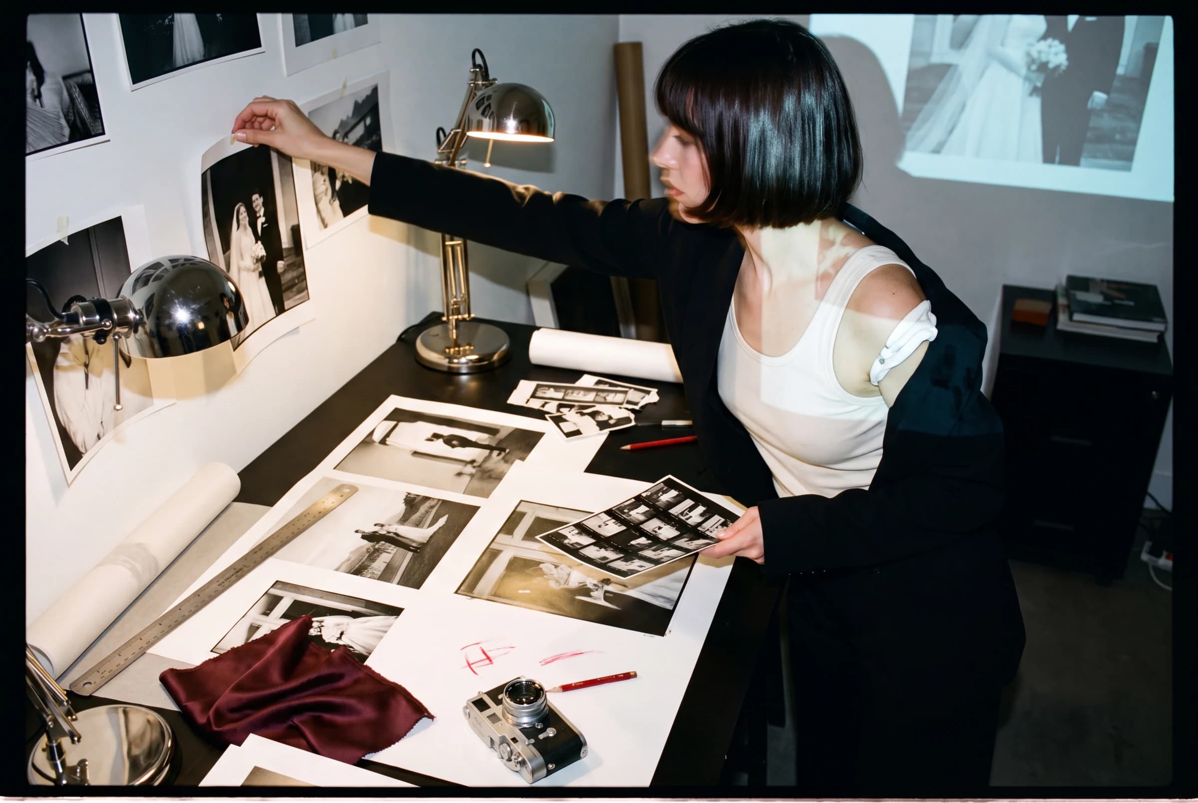 A designer arranging wedding photographs, proofs, and fabric swatches in a dark studio