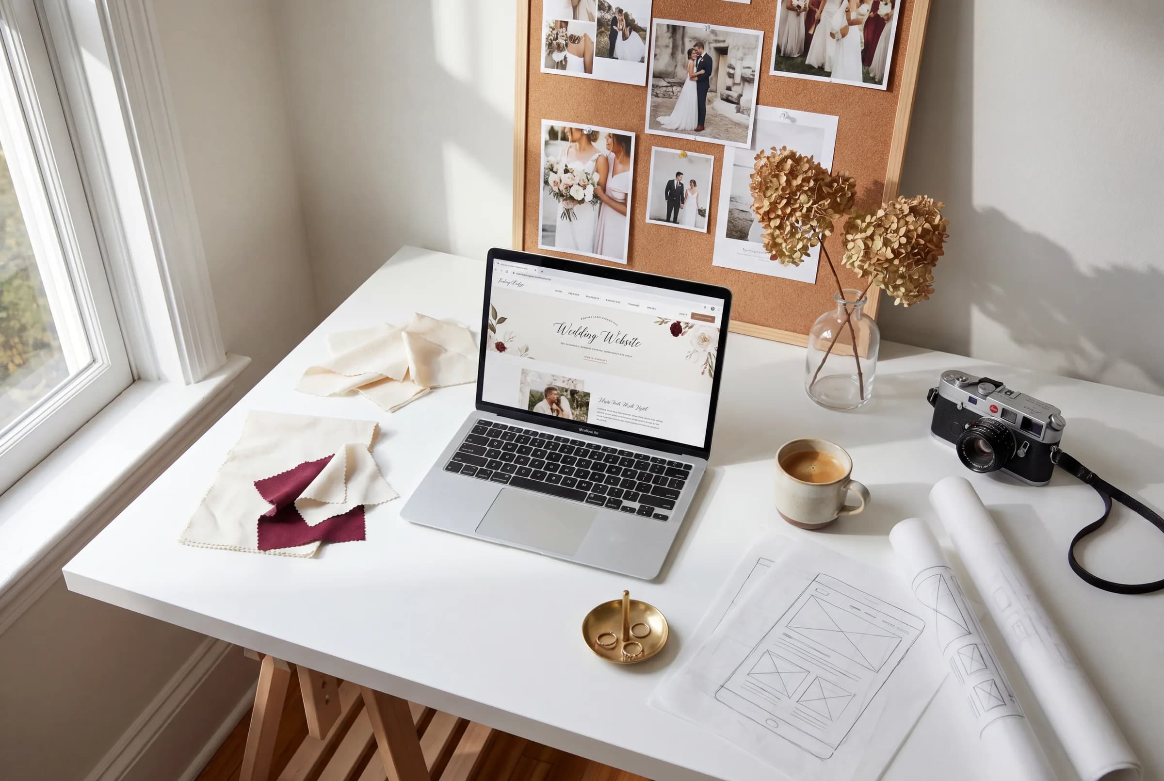 A founders workspace with a laptop, fabric swatches, mood board, dried hydrangea, and a Leica camera shot from above