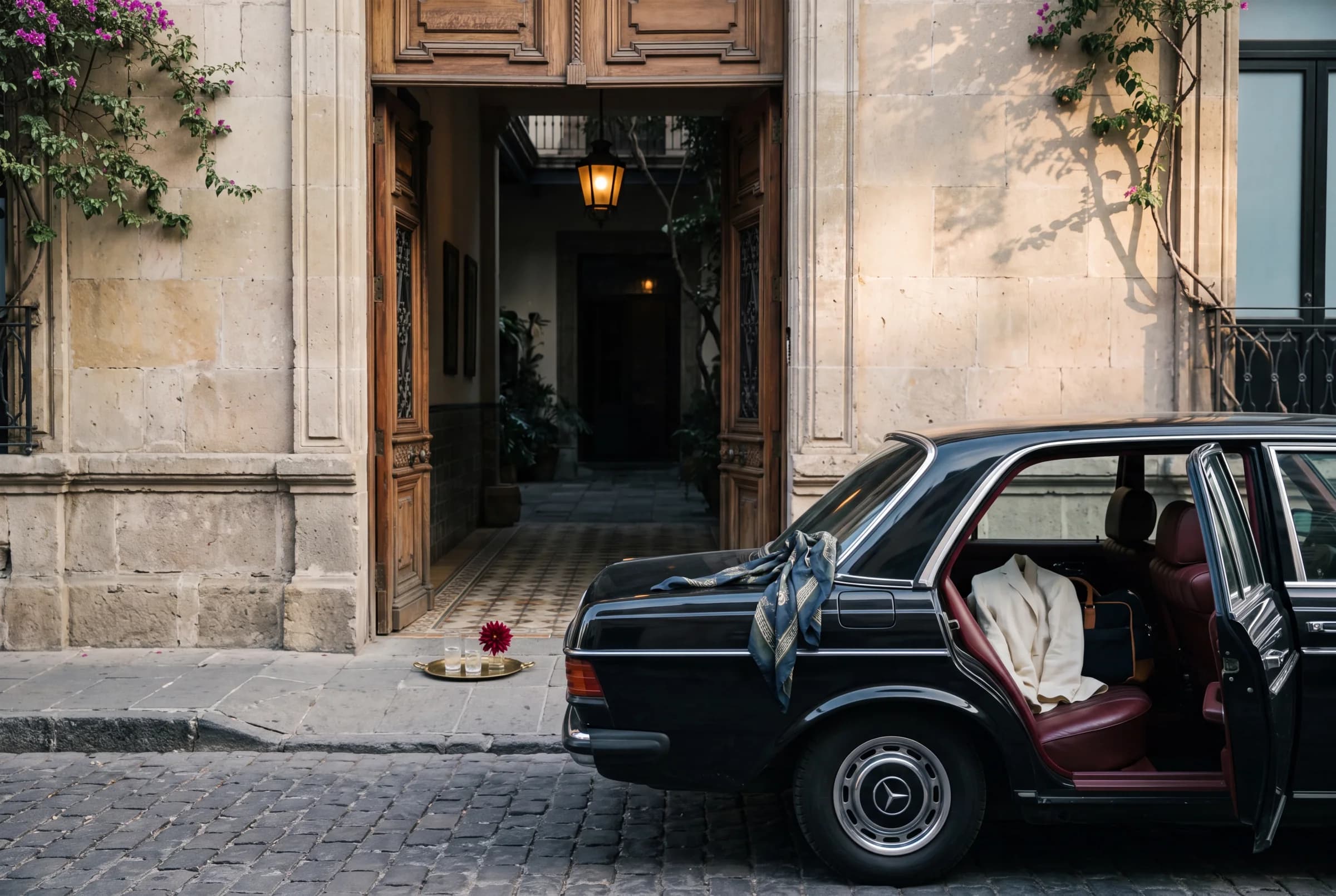 A black vintage car outside an open Mexico City hotel courtyard at dawn with an understated welcome waiting