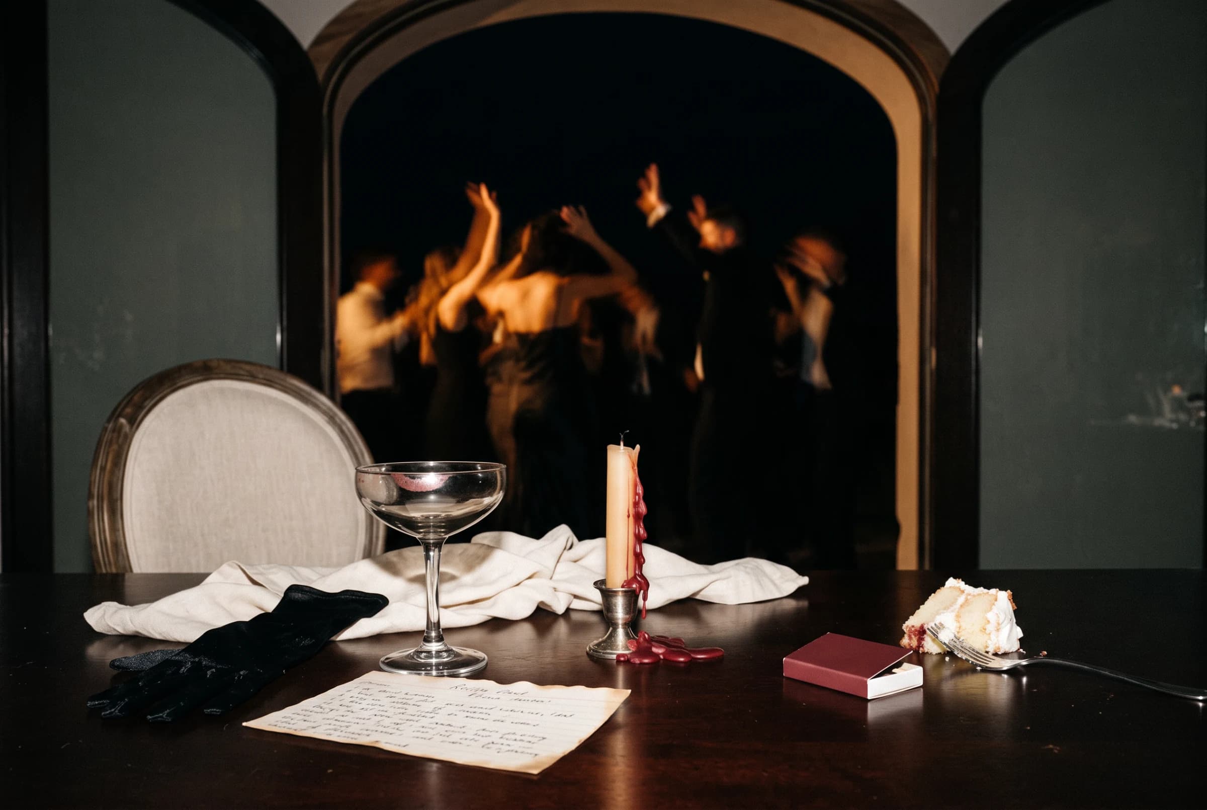 A candlelit reception table after guests have moved to the dance floor