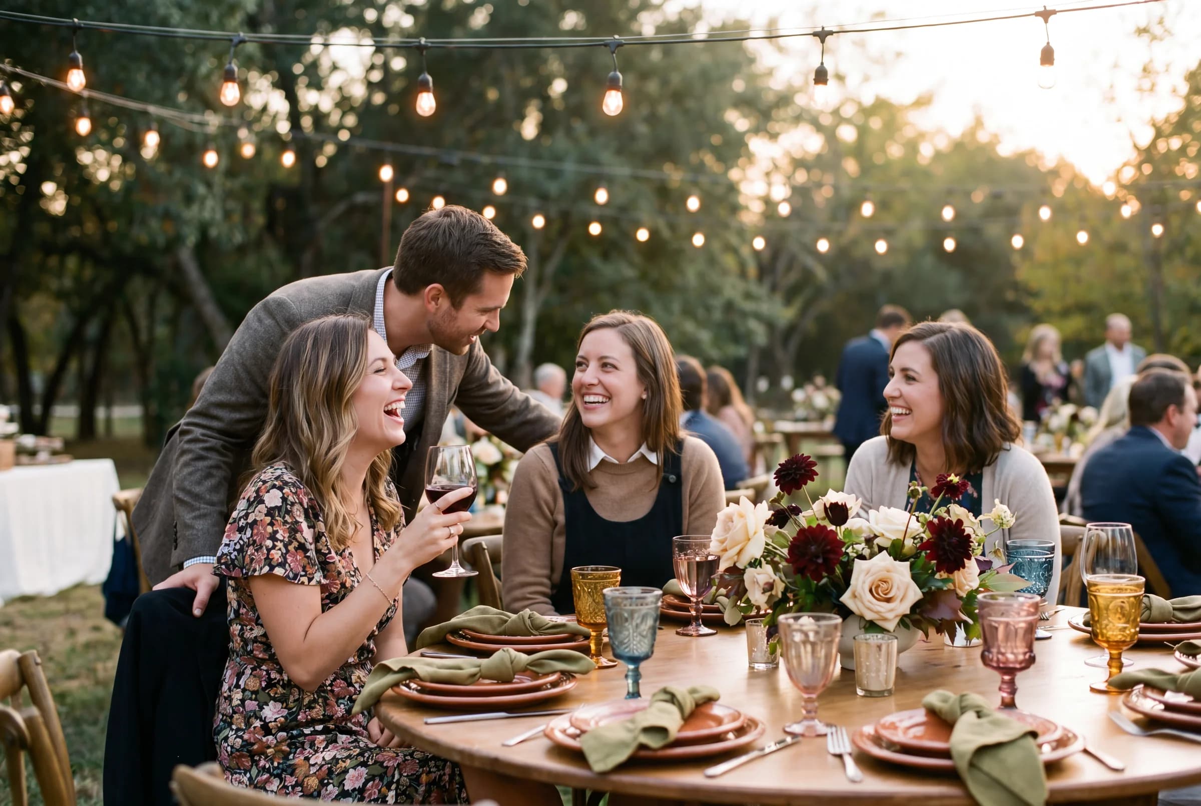 Guests laughing around a round dinner table at an outdoor evening reception with warm string lights