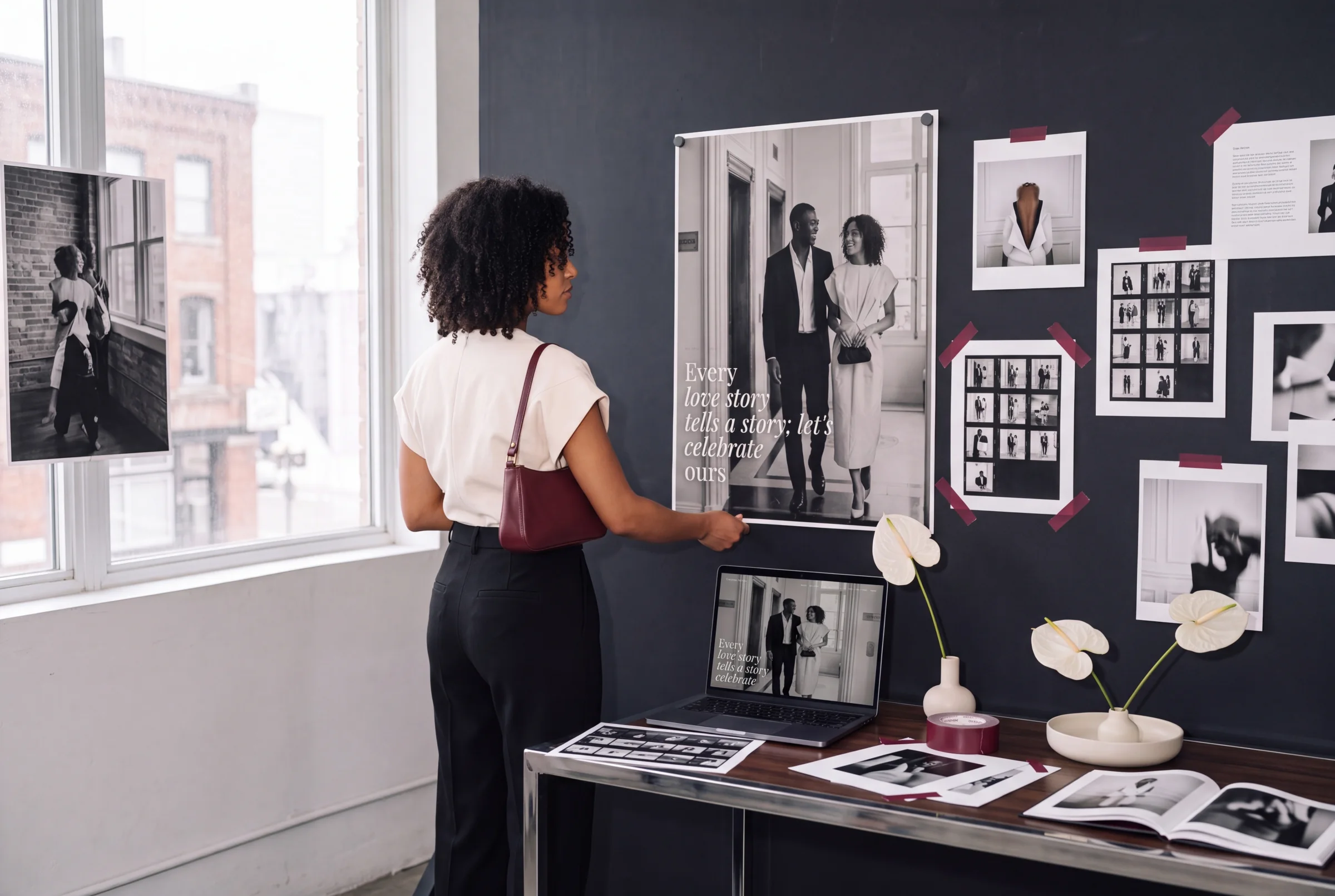 A fashion-led studio scene with Muse wedding website proofs, cinematic couple photography, and warm burgundy details