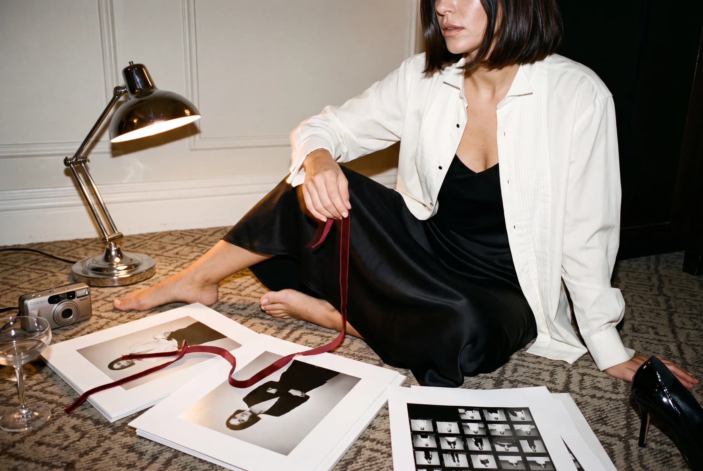 A fashion-editorial scene of a woman choosing among oversized page proofs on a hotel-room floor