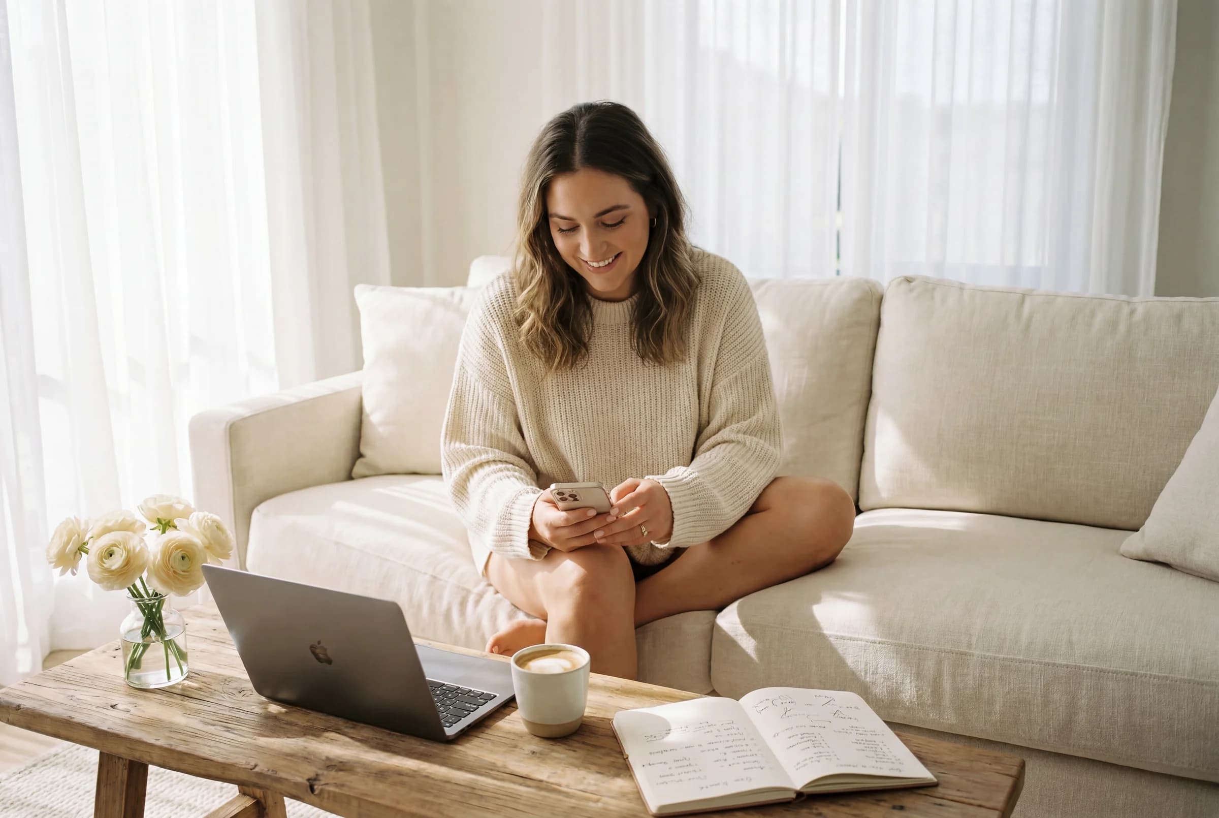 A stylish bride-to-be planning her wedding on a laptop and phone in a sunlit minimalist apartment