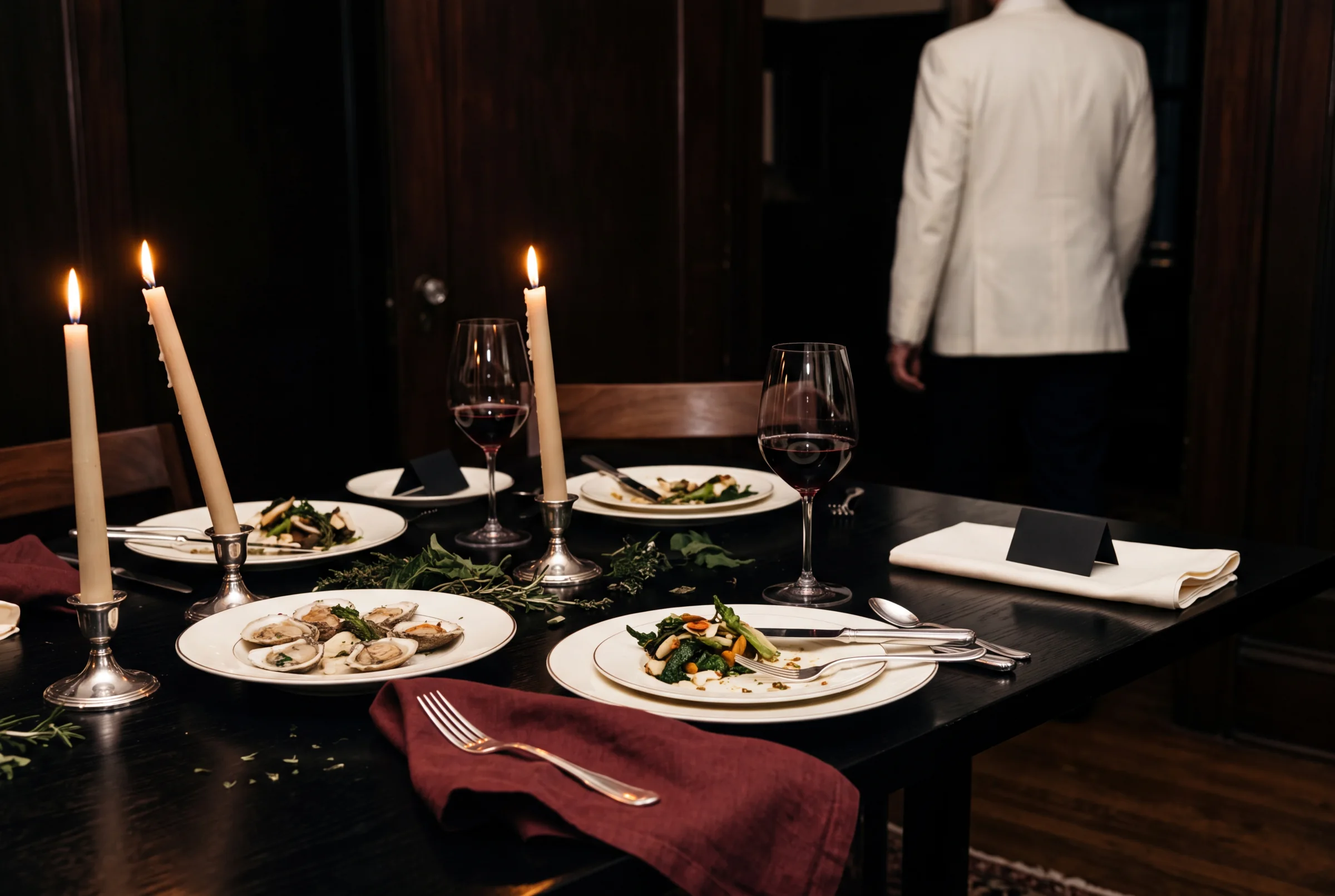 A candlelit menu-tasting table with distinct place settings and an ivory-jacketed server leaving the room