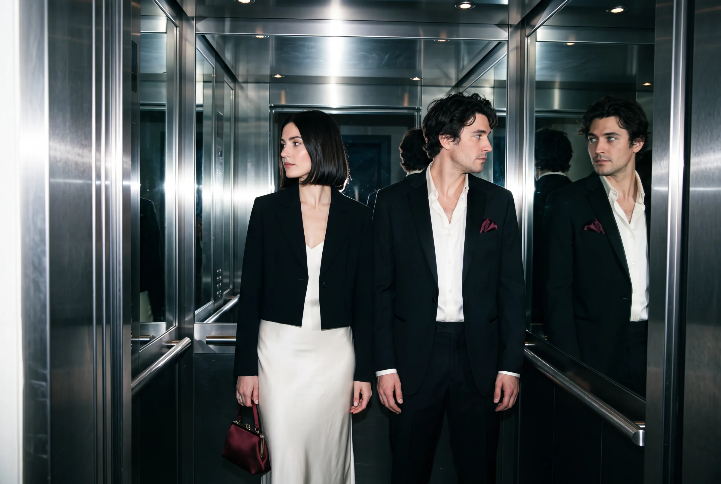A formally dressed couple in complementary black, ivory, and oxblood looks inside a mirrored hotel elevator