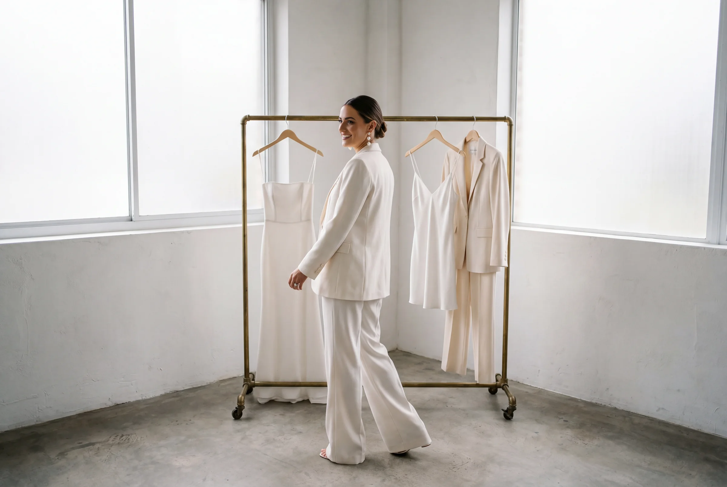 A stylish bride in a tailored ivory blazer standing in front of a brass clothing rack holding multiple wedding looks