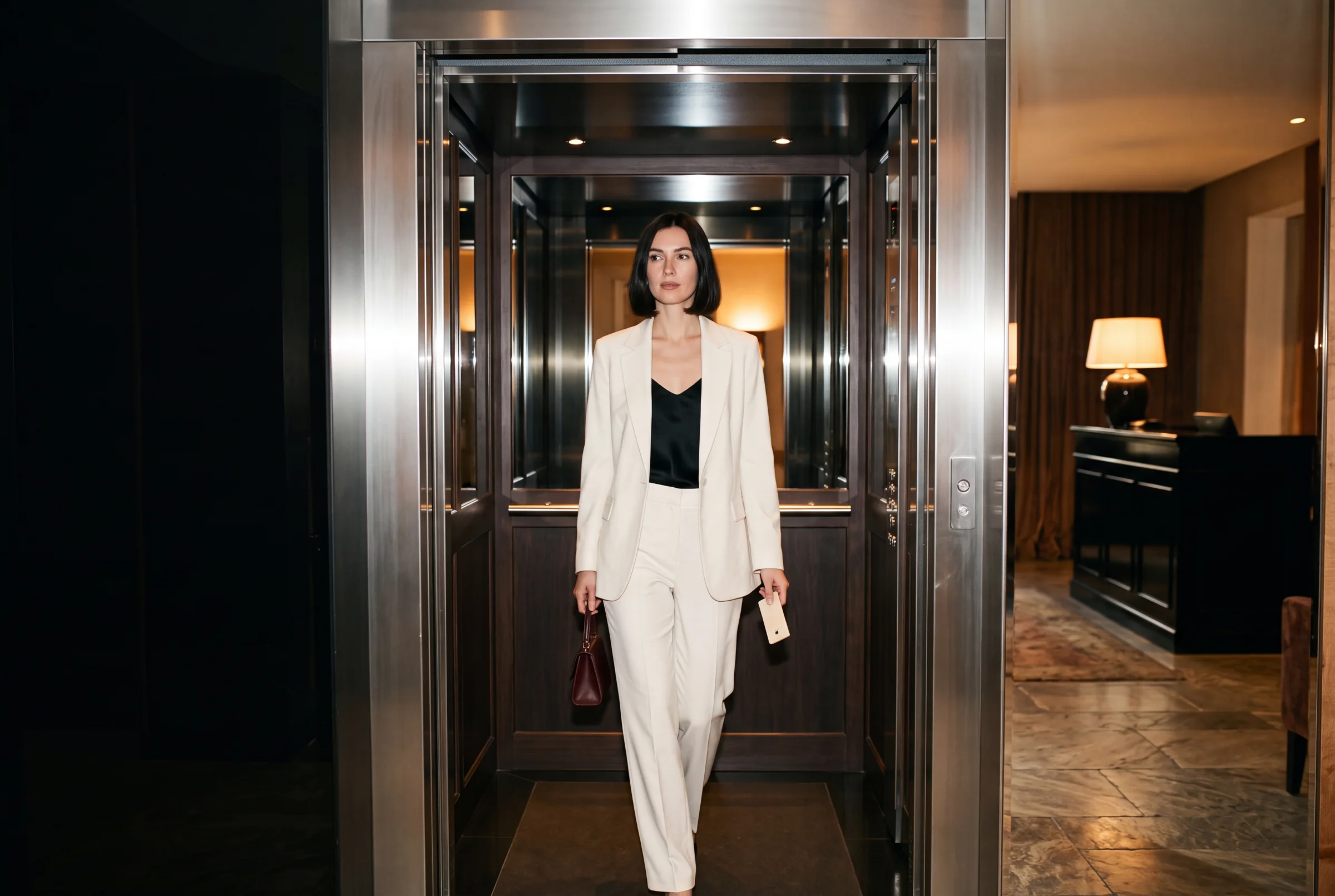 A woman in an ivory suit stepping from a mirrored hotel elevator with an oxblood evening bag